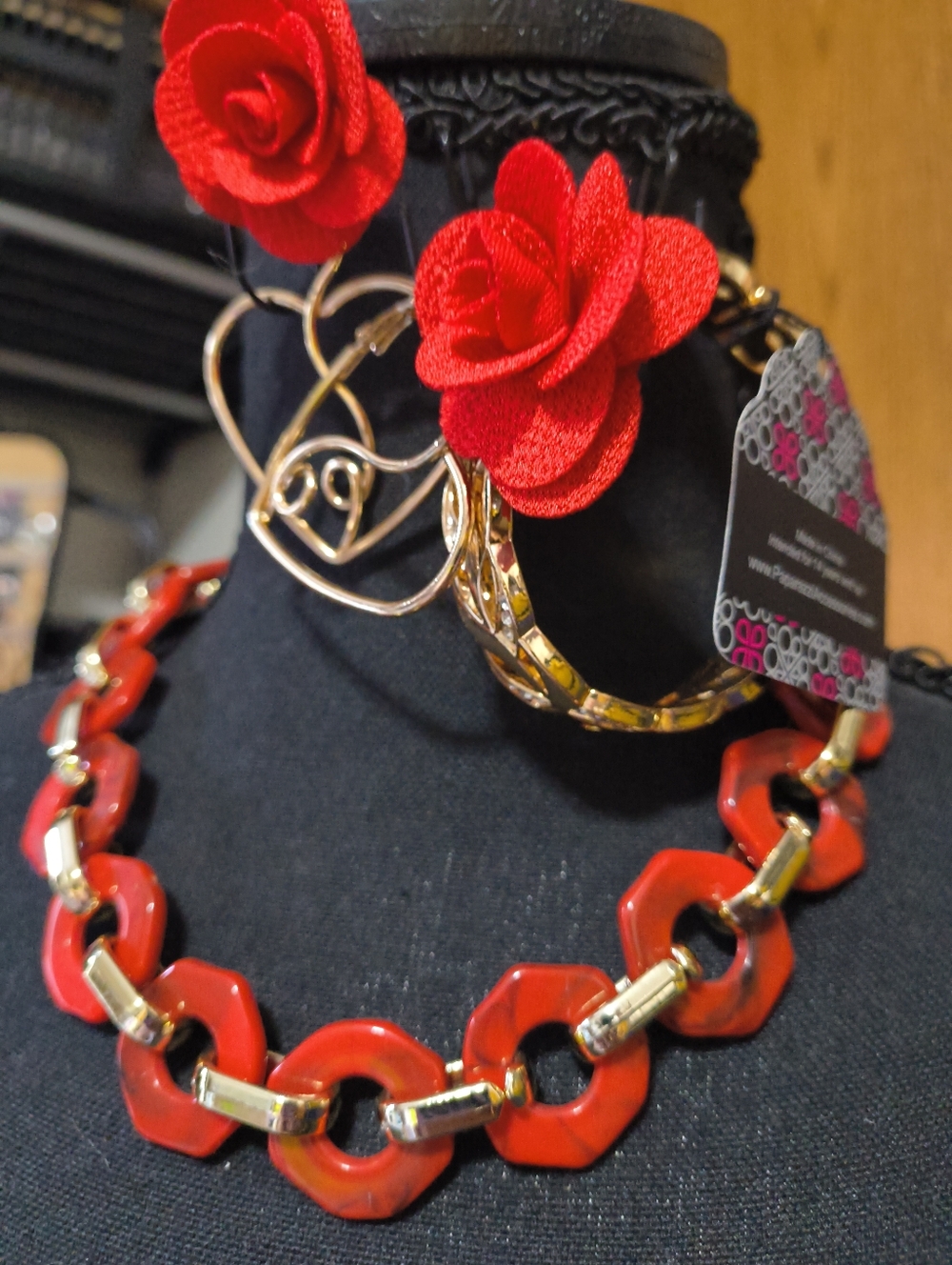 Romantic Glam Red Marbled Gold Accent Necklace/Bangle/Custom Rose Earrings